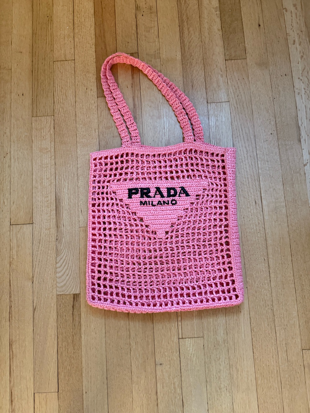 Prada Pink Crochet Raffia Tote Bag Milano Logo Beach Shopper